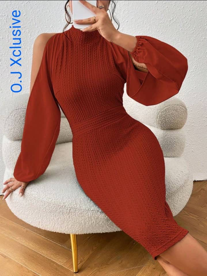 Rust Brown Bodycon Knit Midi Dress with Balloon Sleeves