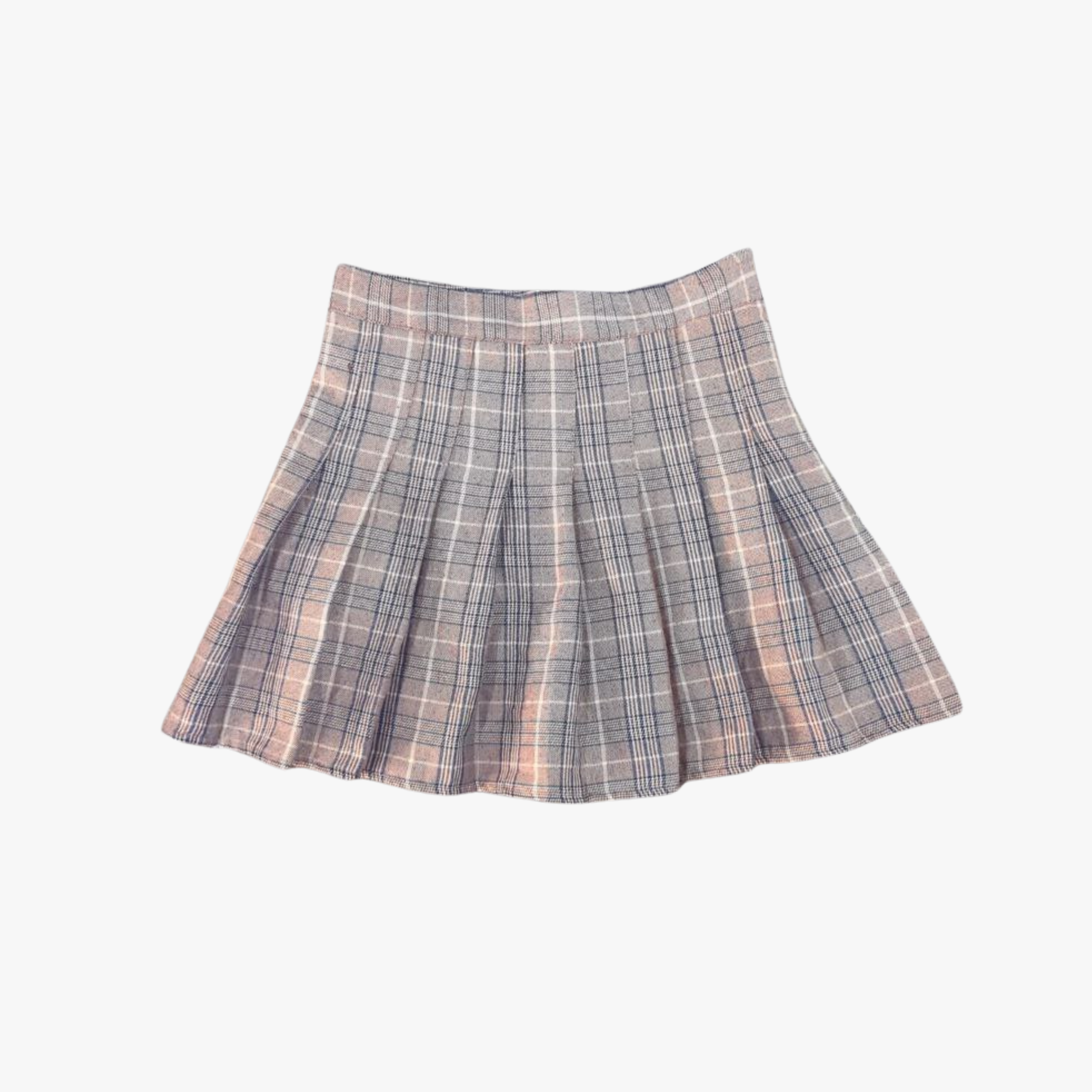 Grey Plaid Pleated Mini Skirt – High-Waist Preppy Schoolgirl Style – Small (THRIFT)