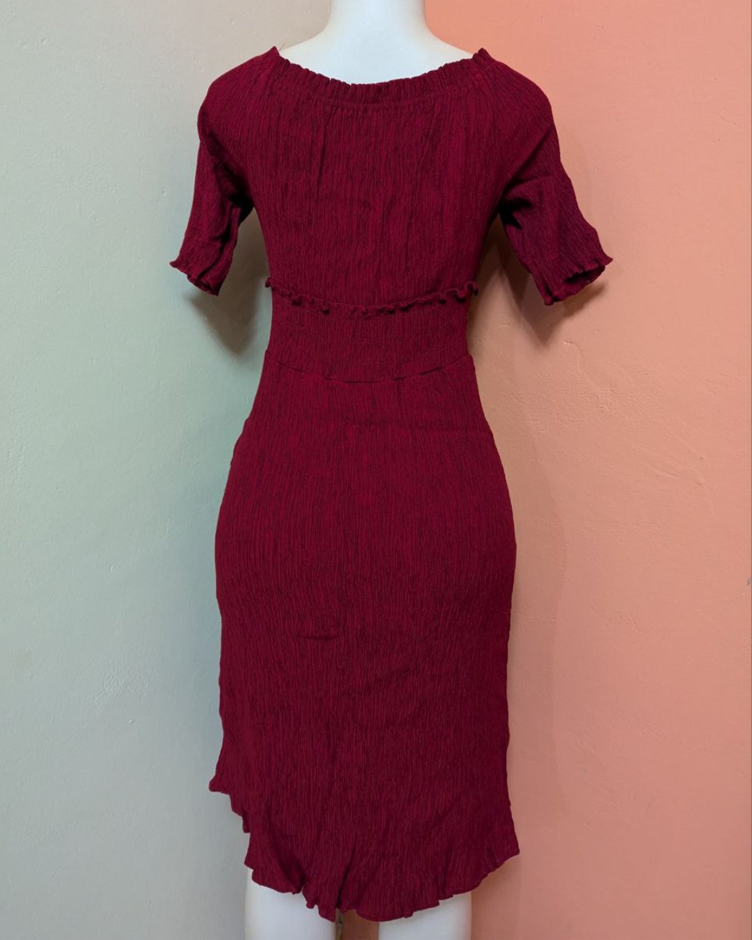 Maroon Crinkled Ruffle Dress for Women (THRIFT)