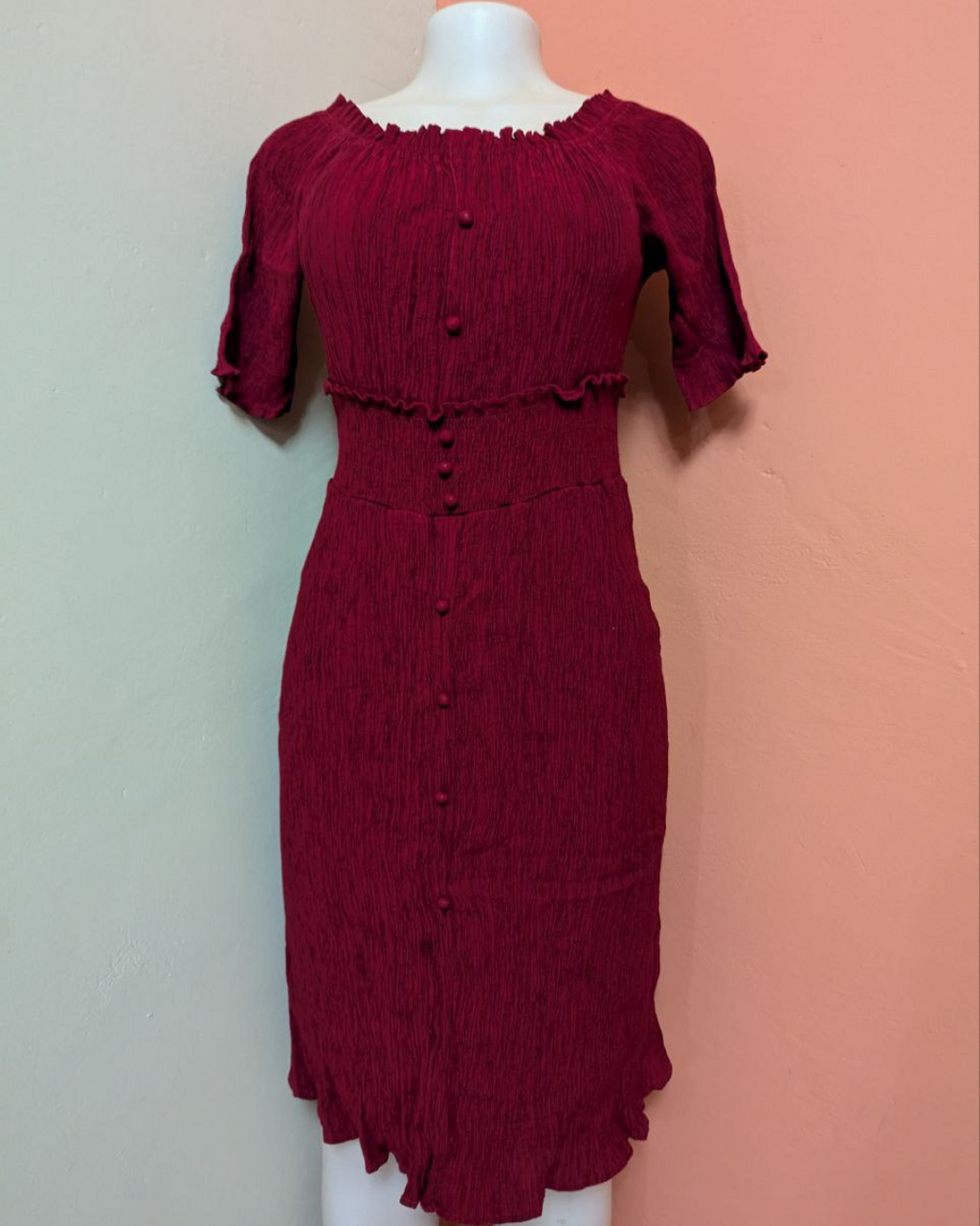 Maroon Crinkled Ruffle Dress for Women (THRIFT)