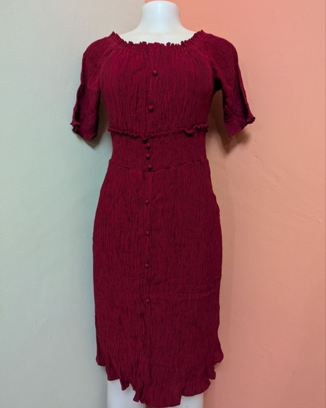 Maroon Crinkled Ruffle Dress for Women (THRIFT)