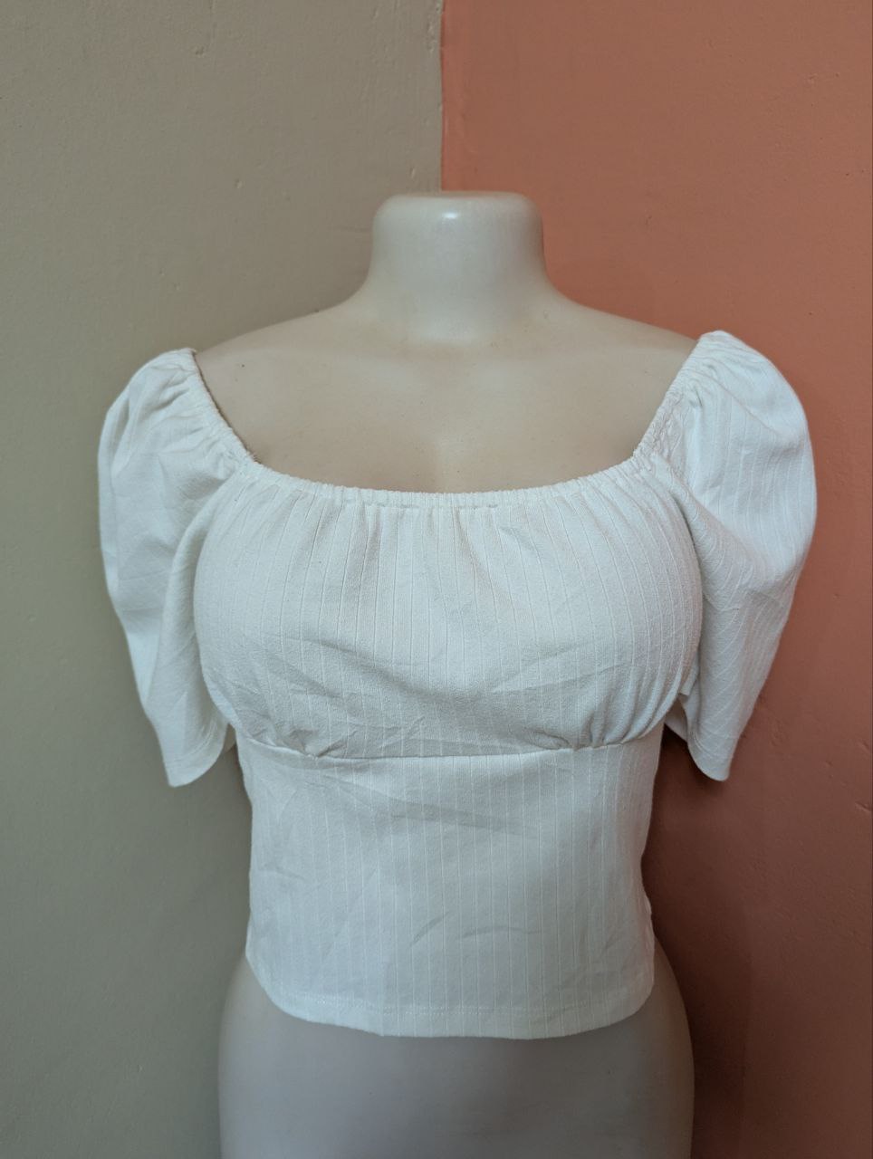 White Off-Shoulder Puff Sleeve Top for Women – Elegant Pinstripe Summer Blouse (THRIFT)