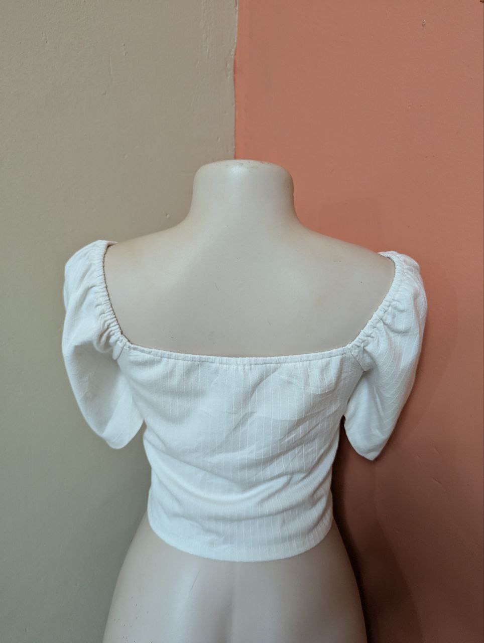 White Off-Shoulder Puff Sleeve Top for Women – Elegant Pinstripe Summer Blouse (THRIFT)