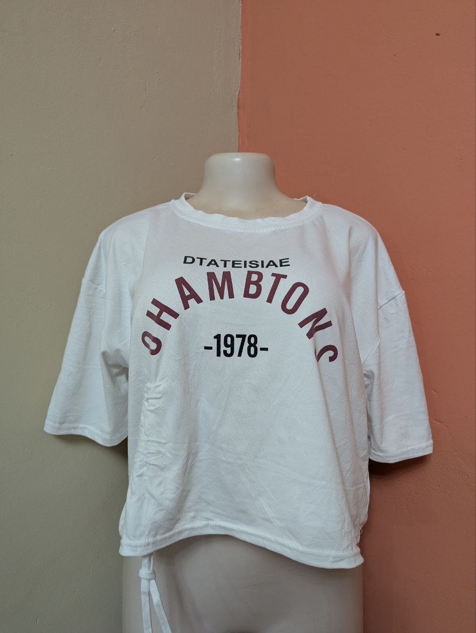 Women's Oversized Graphic T-Shirt - White with 1978 Print & Drawstring Hem | Casual Streetwear Tee (THRIFT)