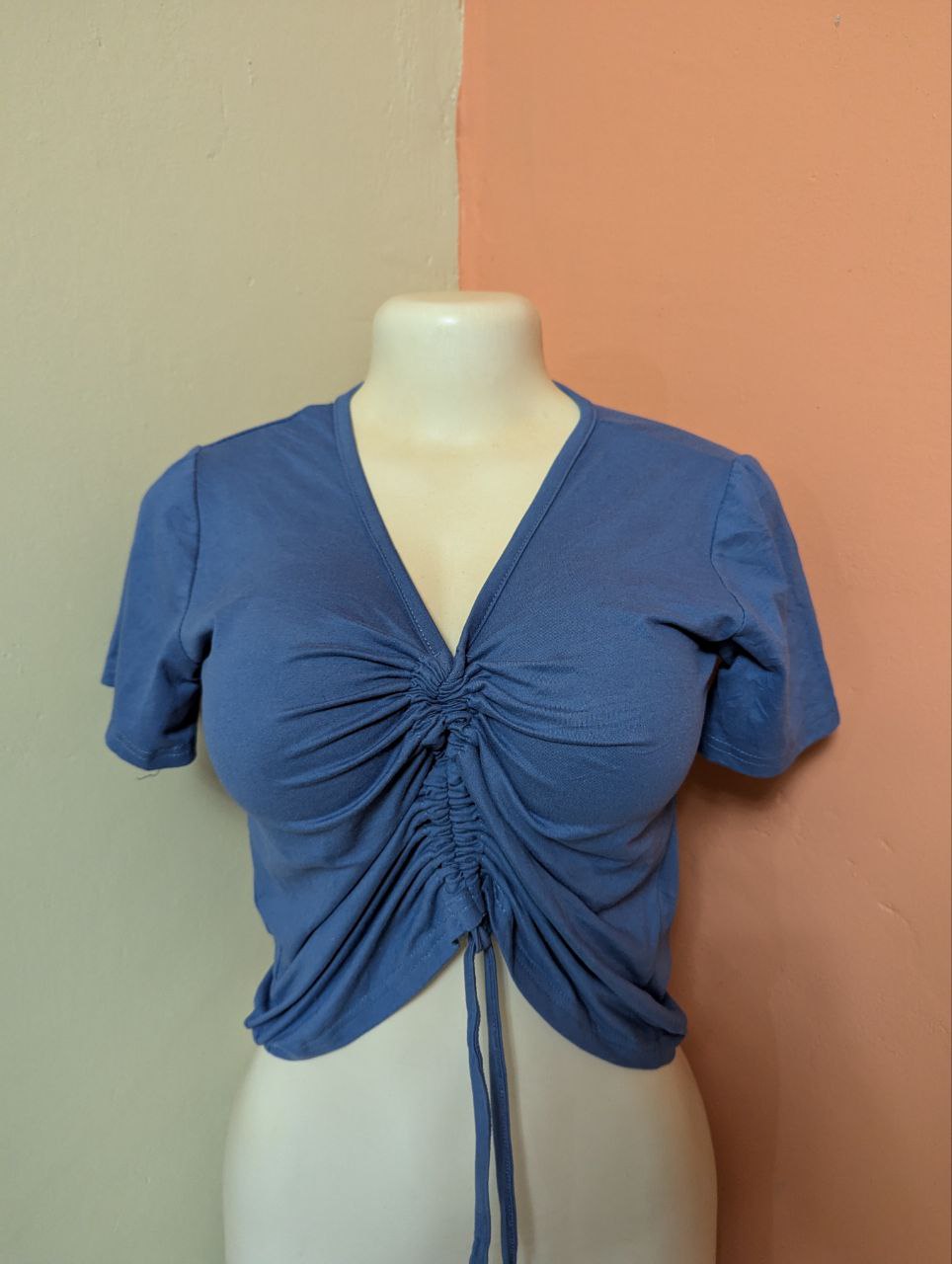 Blue Ruched V-Neck Crop Top – Adjustable Drawstring Short Sleeve Tee for Women (THRIFT)