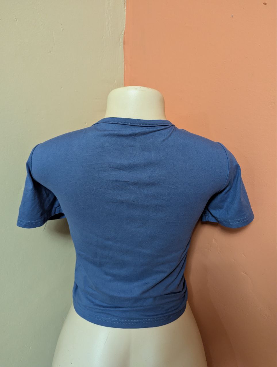 Blue Ruched V-Neck Crop Top – Adjustable Drawstring Short Sleeve Tee for Women (THRIFT)