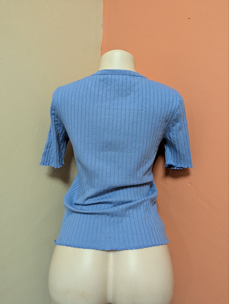 Light Blue Ribbed Knit Short Sleeve Top – Casual Slim Fit Tee for Women (THRIFT)