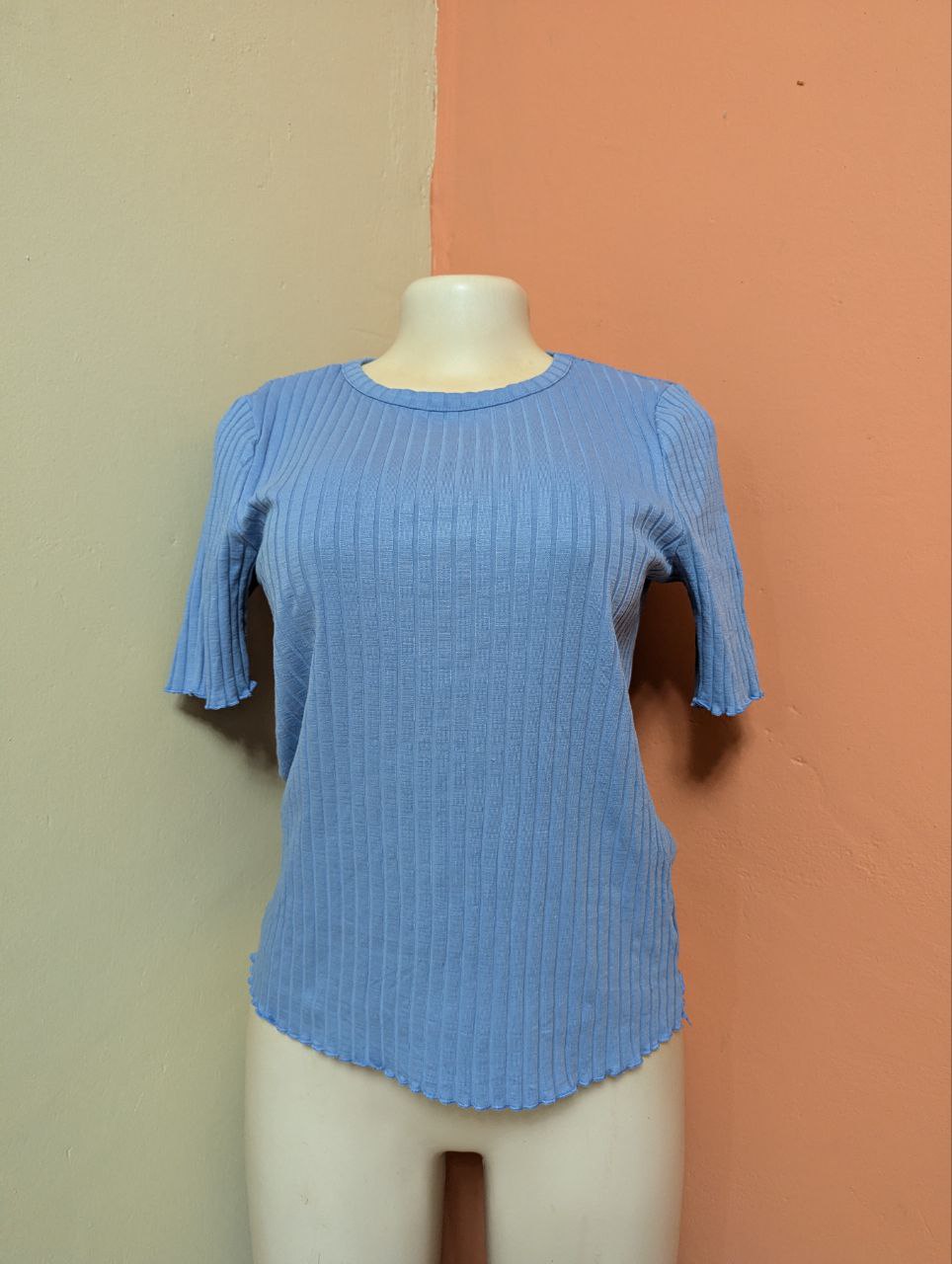 Light Blue Ribbed Knit Short Sleeve Top – Casual Slim Fit Tee for Women (THRIFT)