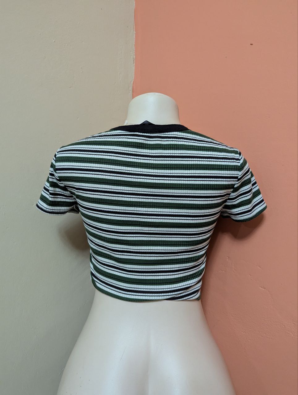 Women's Ribbed Cropped T-Shirt - Green & Black Horizontal Stripes | Casual Fitted Short Sleeve Top (THRIFT)