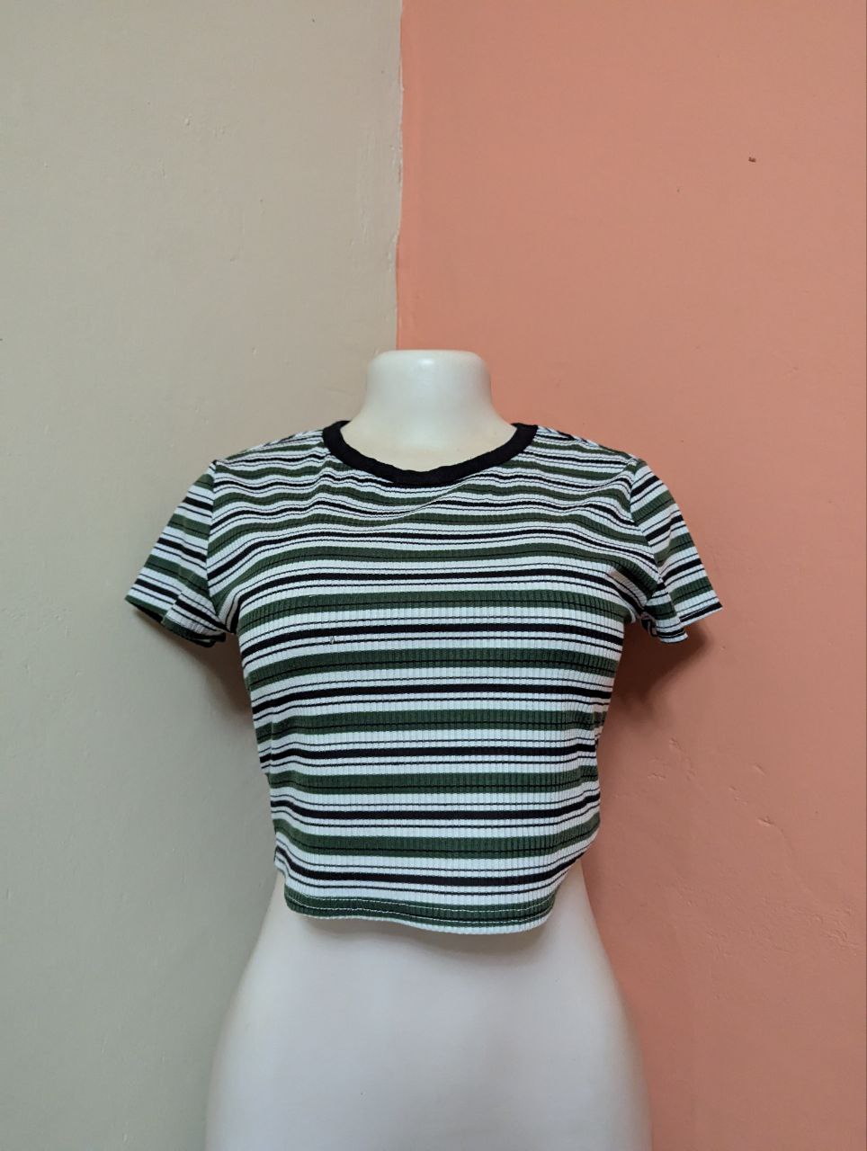 Women's Ribbed Cropped T-Shirt - Green & Black Horizontal Stripes | Casual Fitted Short Sleeve Top (THRIFT)
