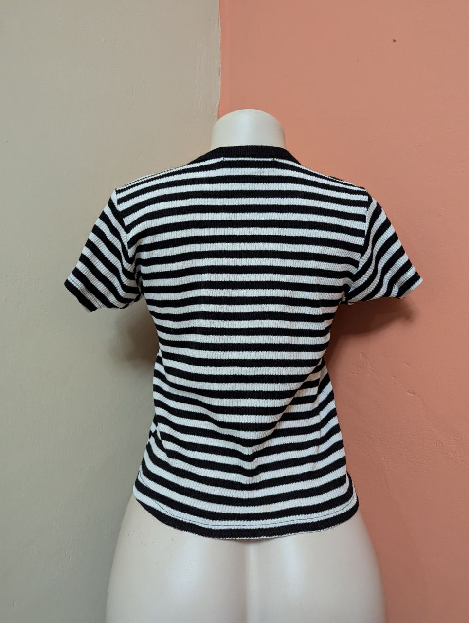 Black and White Striped Button-Front Ribbed Top for Women (THRIFT)