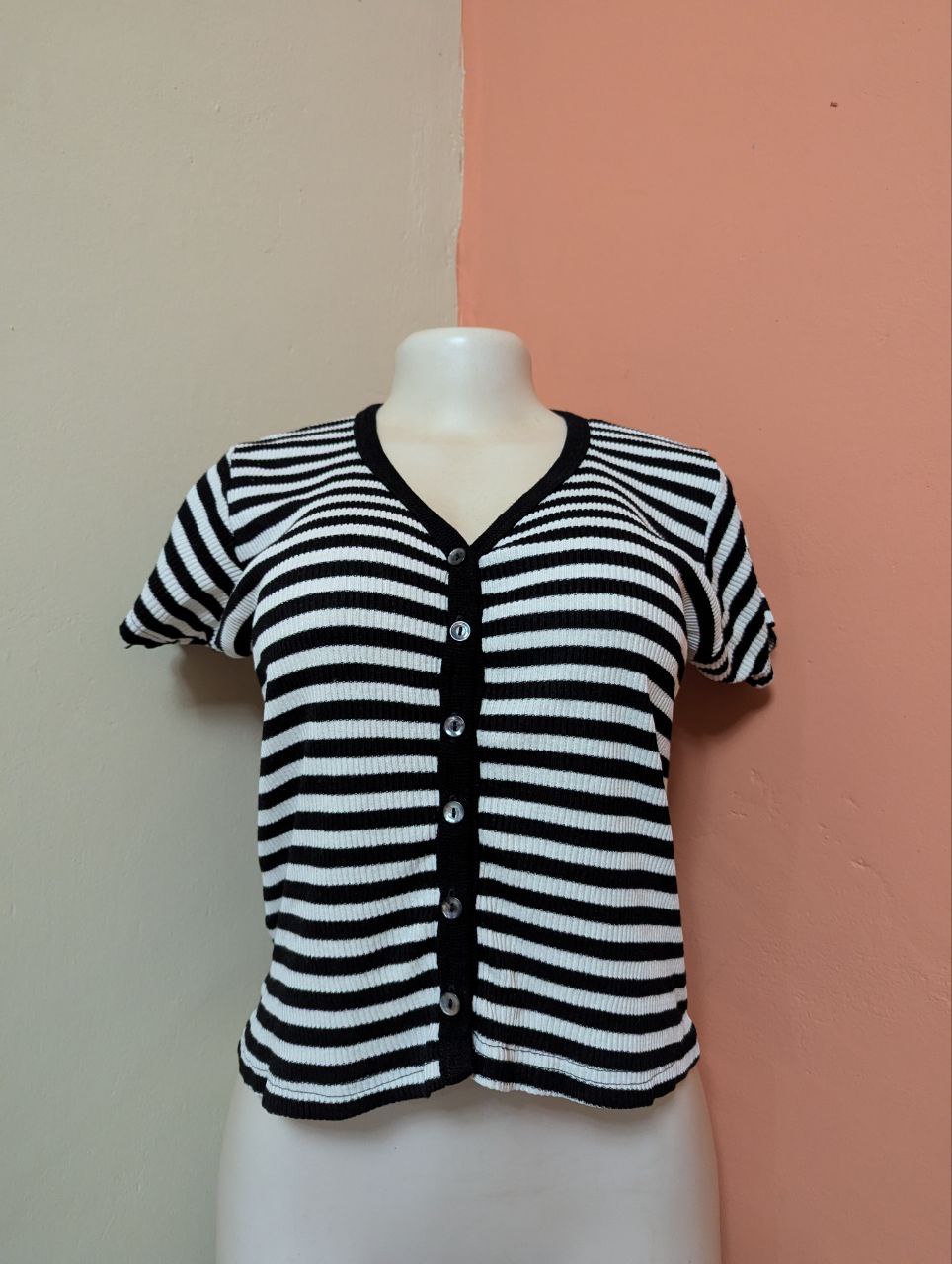 Black and White Striped Button-Front Ribbed Top for Women (THRIFT)