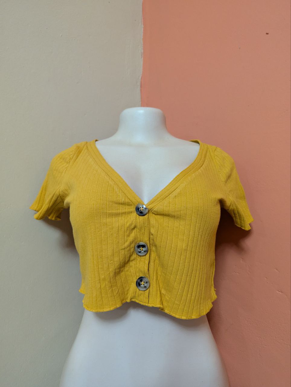Yellow Ribbed Button- Crop Top for Women (THRIFT)