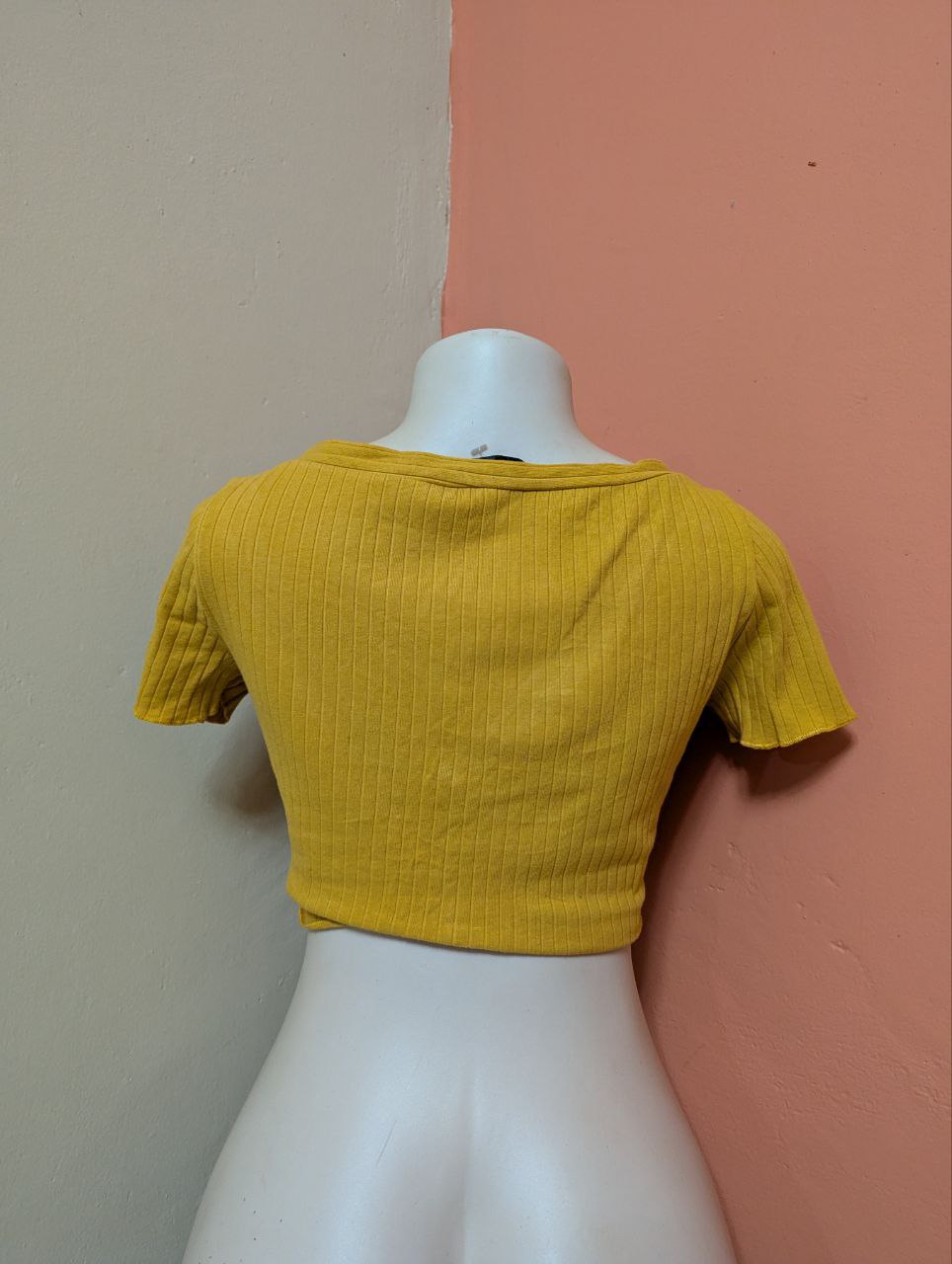 Yellow Ribbed Button- Crop Top for Women (THRIFT)