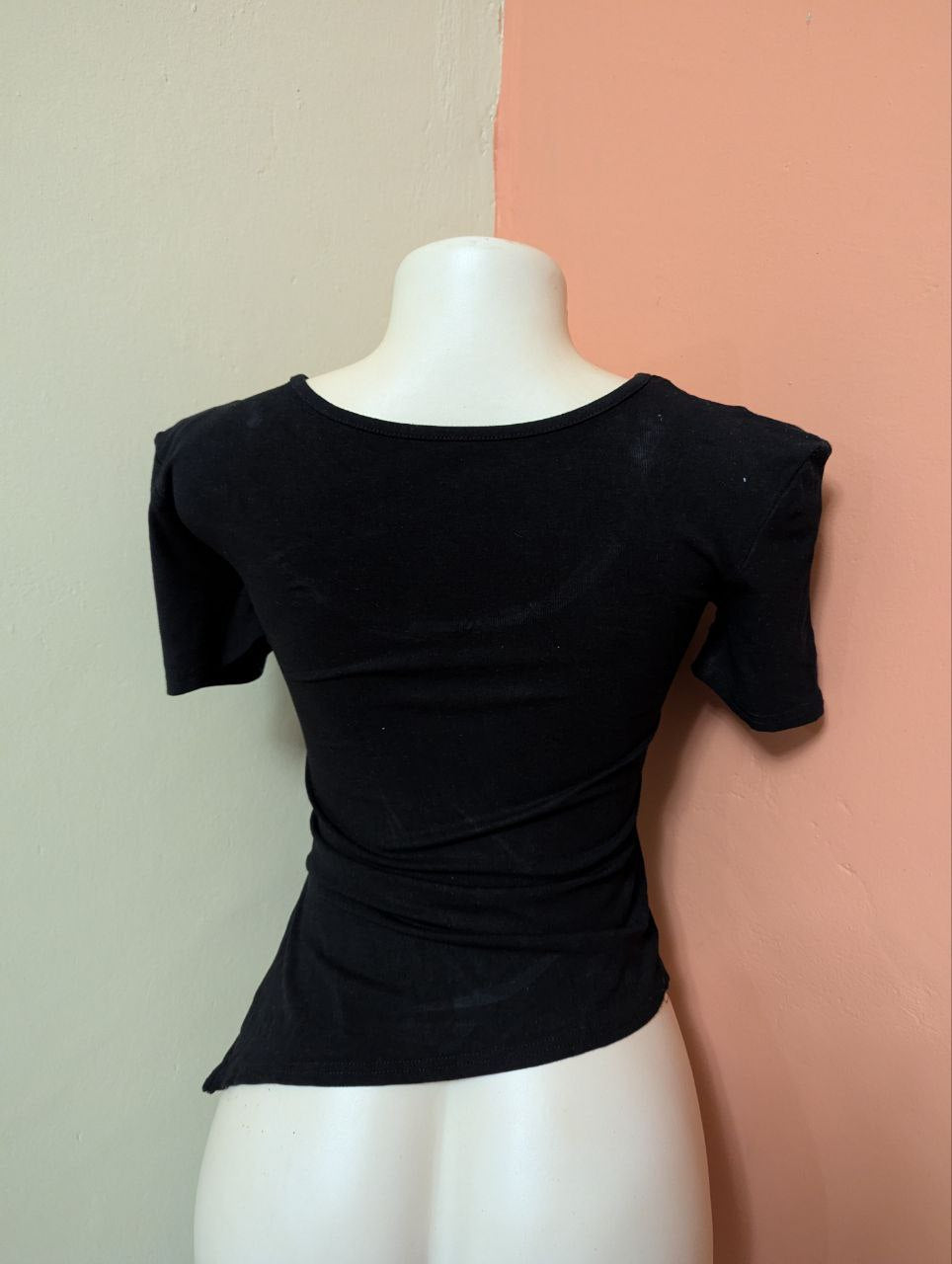 Black Asymmetrical Scoop Neck Top for Women – Stylish Diagonal Strap Short Sleeve Tee (THRIFT)