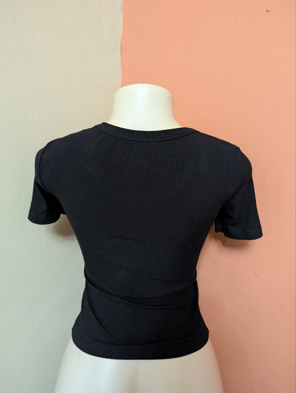 Black Ribbed Knit Fitted Top for Women – Short Sleeve Stretchy Round Neck Tee (THRIFT)