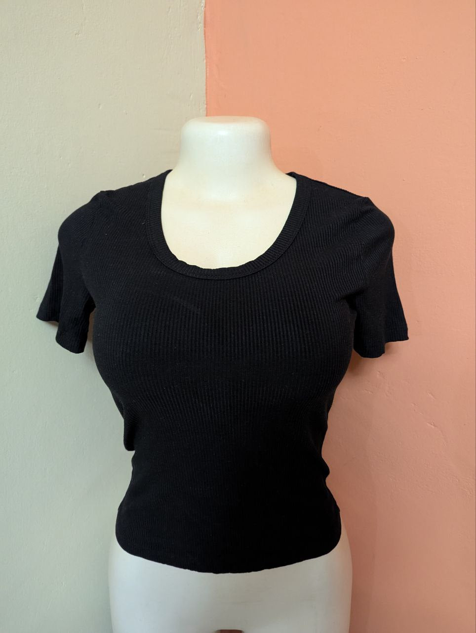Black Ribbed Knit Fitted Top for Women – Short Sleeve Stretchy Round Neck Tee (THRIFT)
