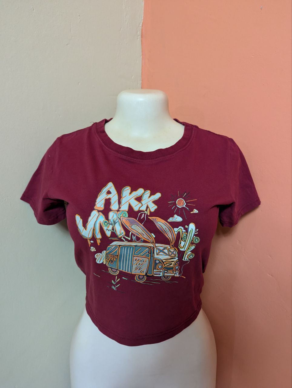 Vintage Desert Van Graphic Crop Top – Maroon Boho Summer Tee for Women (THRIFT)