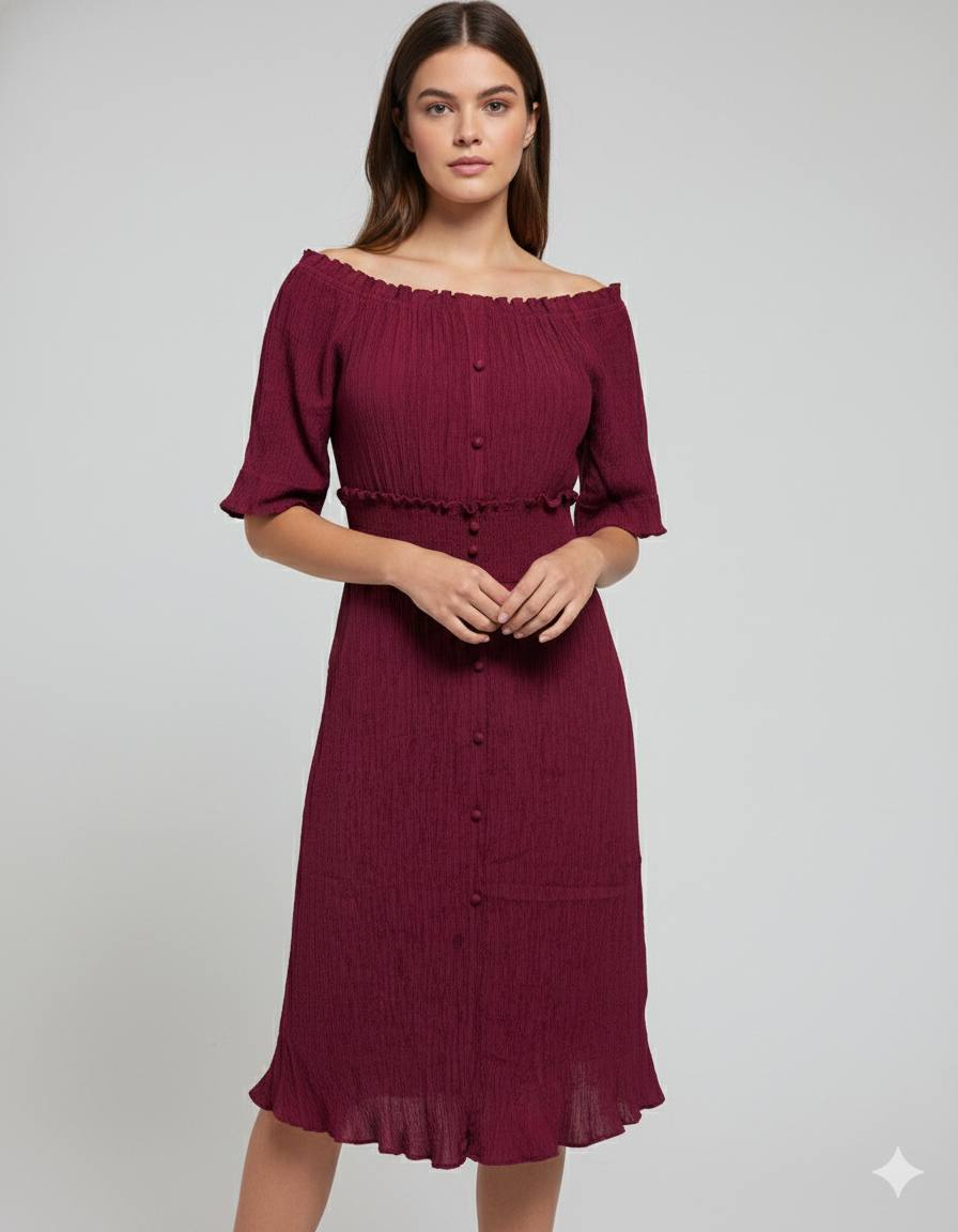 Maroon Crinkled Ruffle Dress for Women (THRIFT)