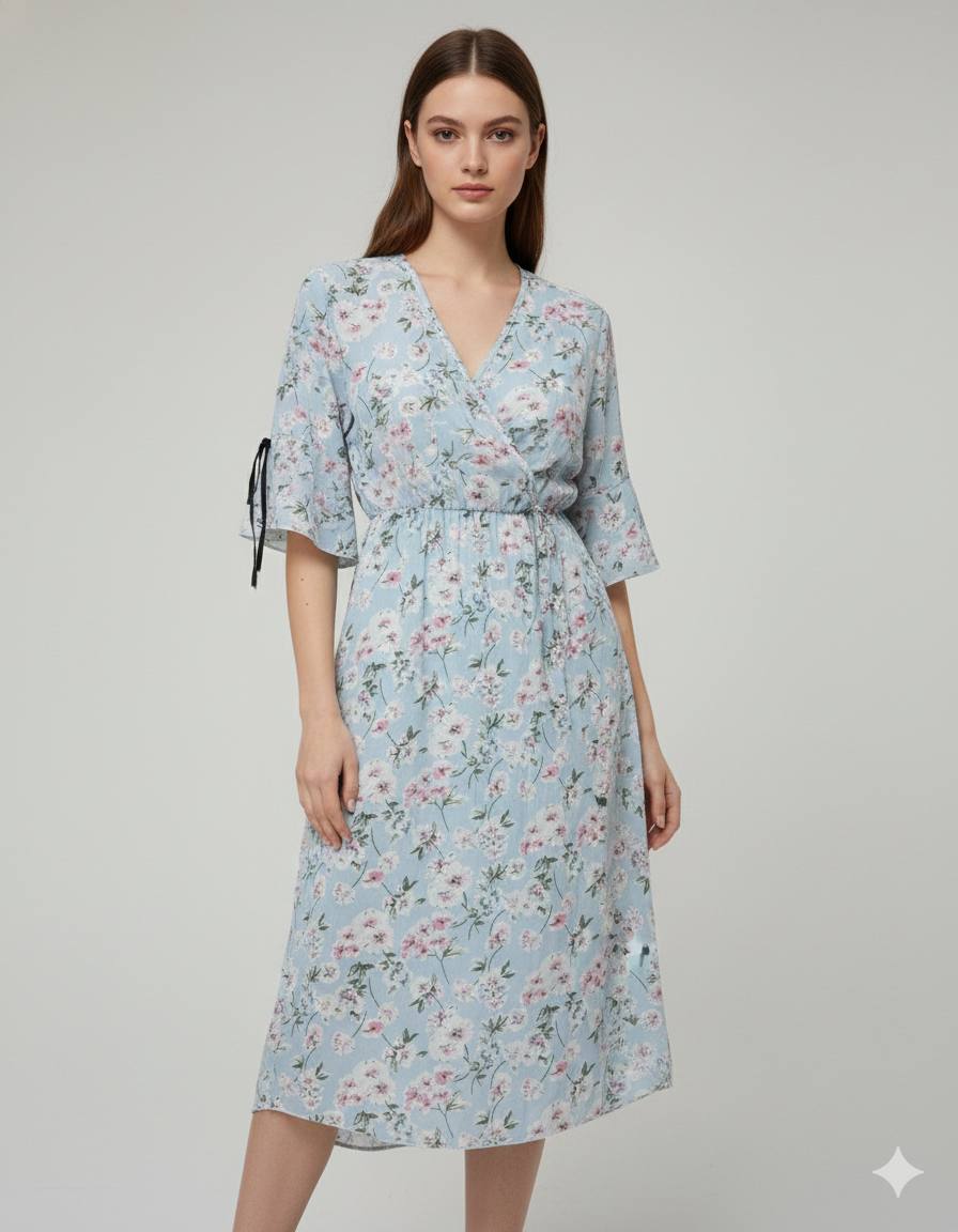 Light Blue Floral Midi Dress for Women (THRIFT)
